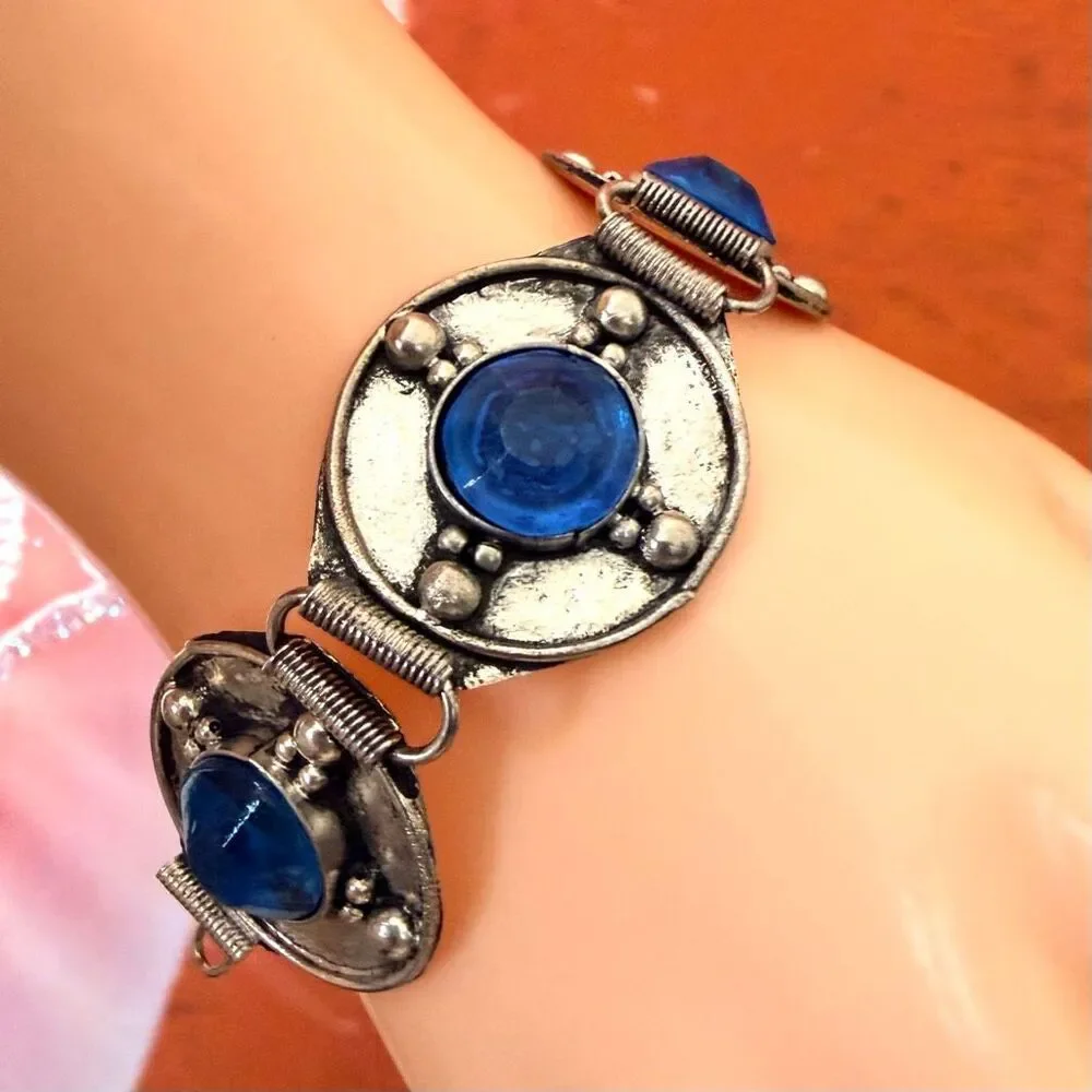 Vintage Tibetan Style Blue Art Glass Link Bracelet